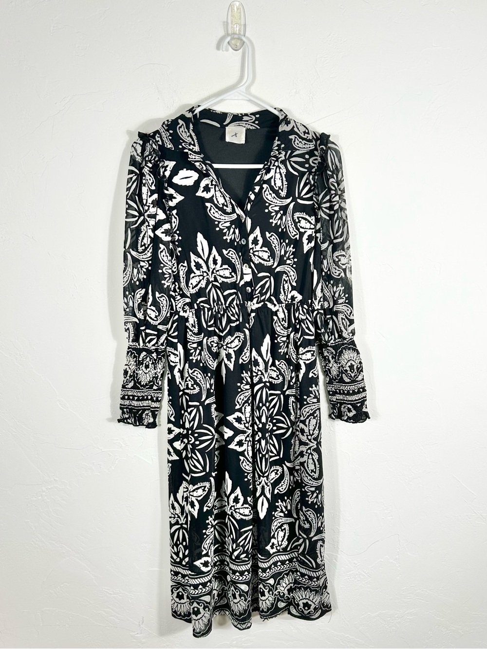 Siren Lily Black White Floral Chiffon Midi Dress Long Ruffle Sleeve V-Neck Boho